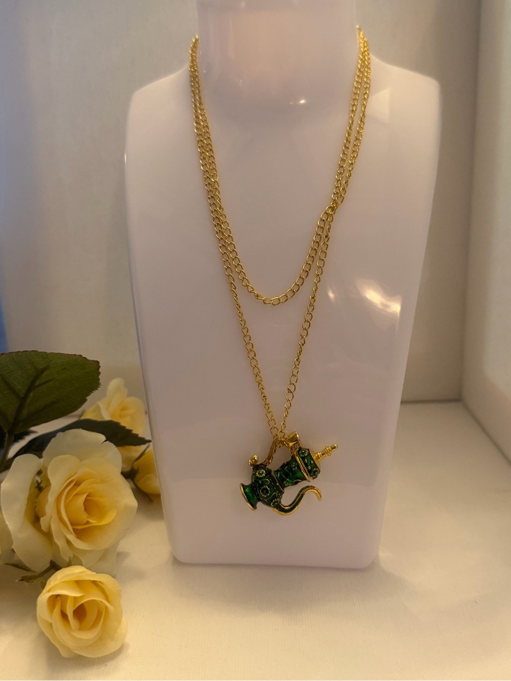 Green Hand Painted Ornate Arabic Teapot Pendant Gold Necklace Turkish Jewelry